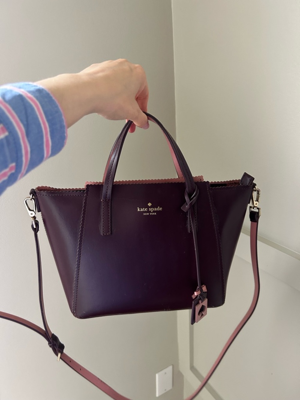kate spade two-tone plum and blush leather top-handle satchel